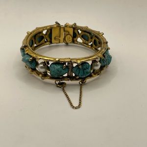 Vintage 1960’s Pauline Rader faux turquoise and pearl bangle hinged bracelet
